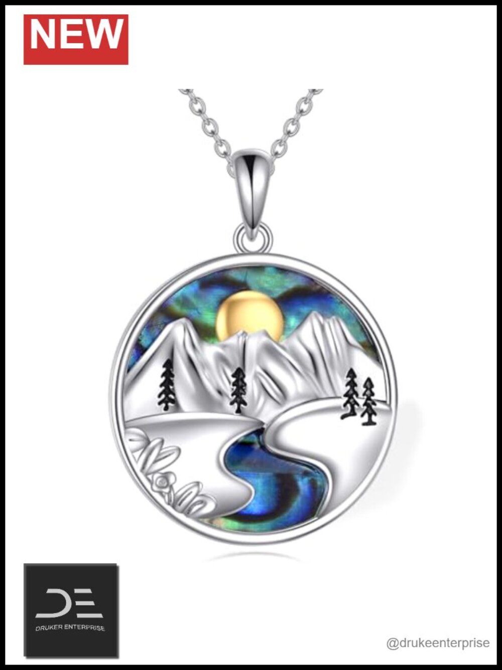 Sterling Silver Mountain Pendant Necklace Women Turquoise Sandstone Abalone